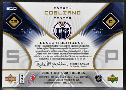 2007-08 SPx Rookie Jersey Andrew Cogliano 210 Oilers RC Auto 386/999 Jersey 7394