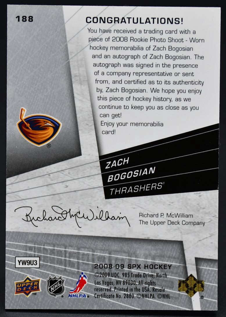 2008-09 SPx SPx Rookies Autographs Zach Bogosian 188 RC Auto 032/499 Jersey