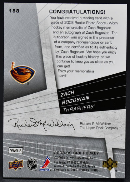 2008-09 SPx SPx Rookies Autographs Zach Bogosian 188 RC Auto 032/499 Jersey