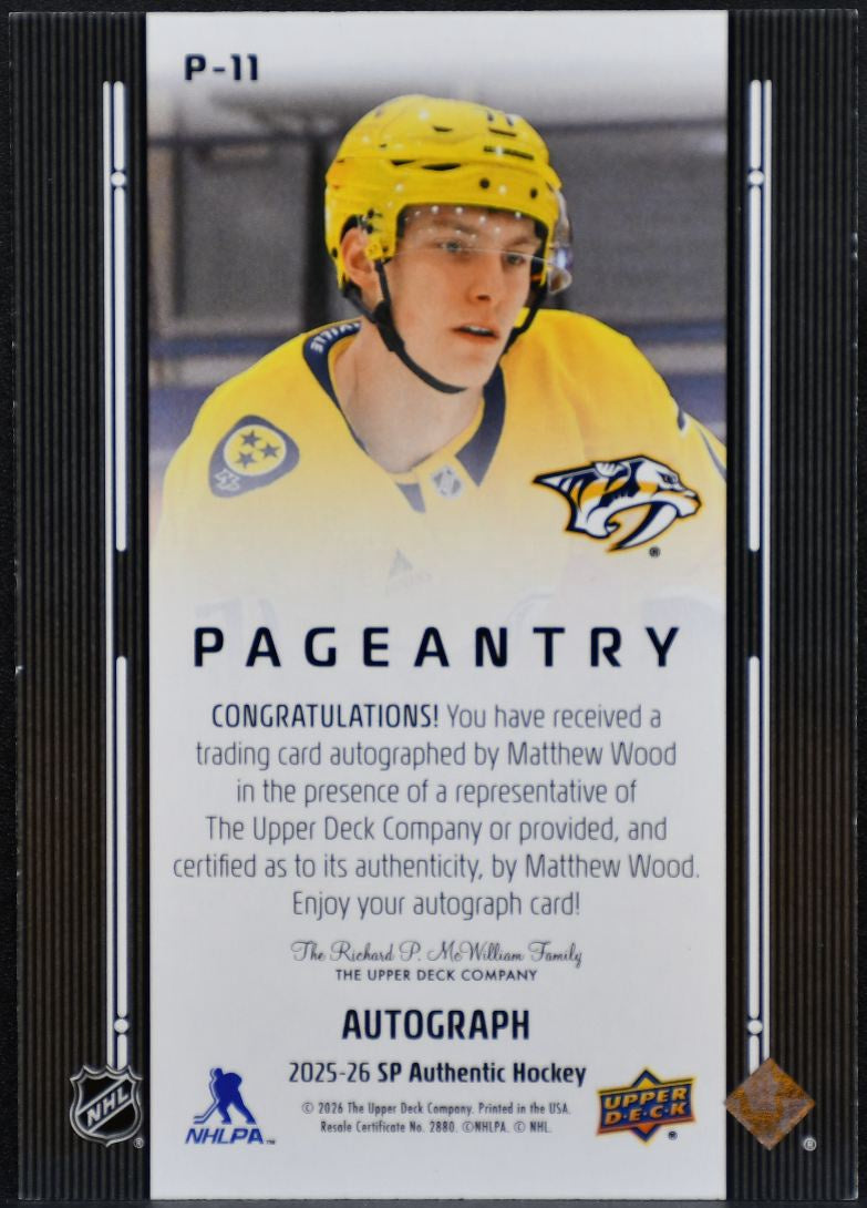 2025-26 SP Authentic Pageantry Auto Matthew Wood P-11 Predators Auto 5065