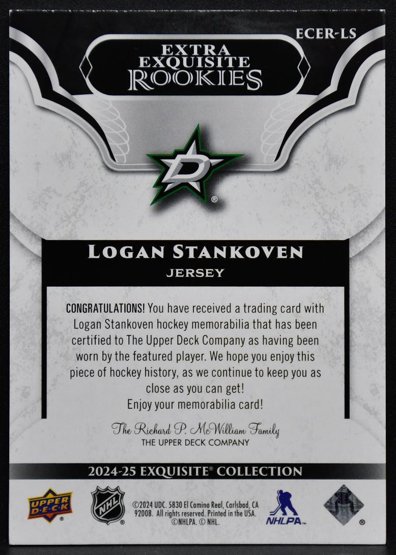 2024-25 UD Black Diamond Exquisite Extra Stankoven ECER-LS RC Jersey 3016
