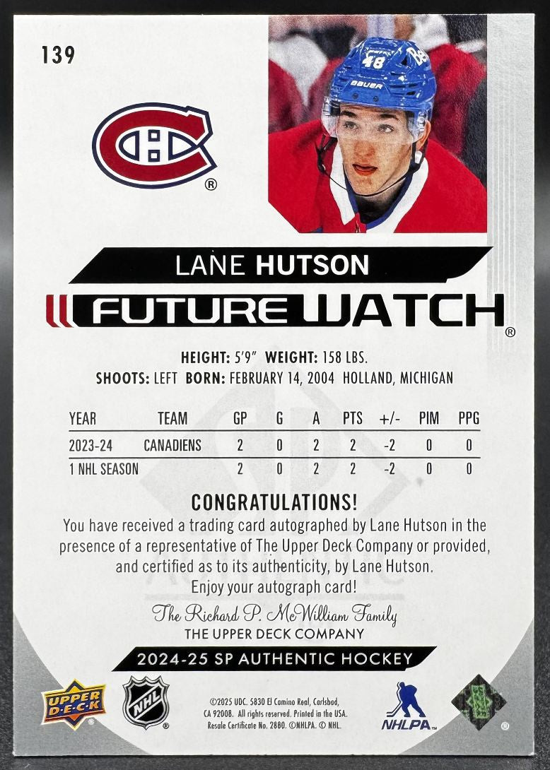 2024-25 UD SP Authentic Lane Hutson 139 Montreal Canadiens RC AUTO 401/999