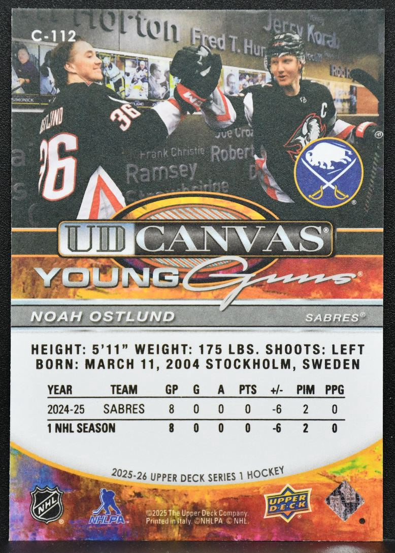 2025-26 UD Series 1 UD Canvas Young Guns Noah Ostlund C-112 Buffalo Sabres RC 5395