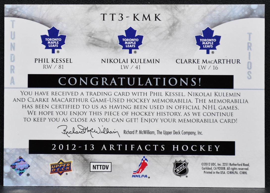 2012-13 UD Artifacts Tundra Trios Blue Kessel/MacArthur/Kulemin Jersey 8511