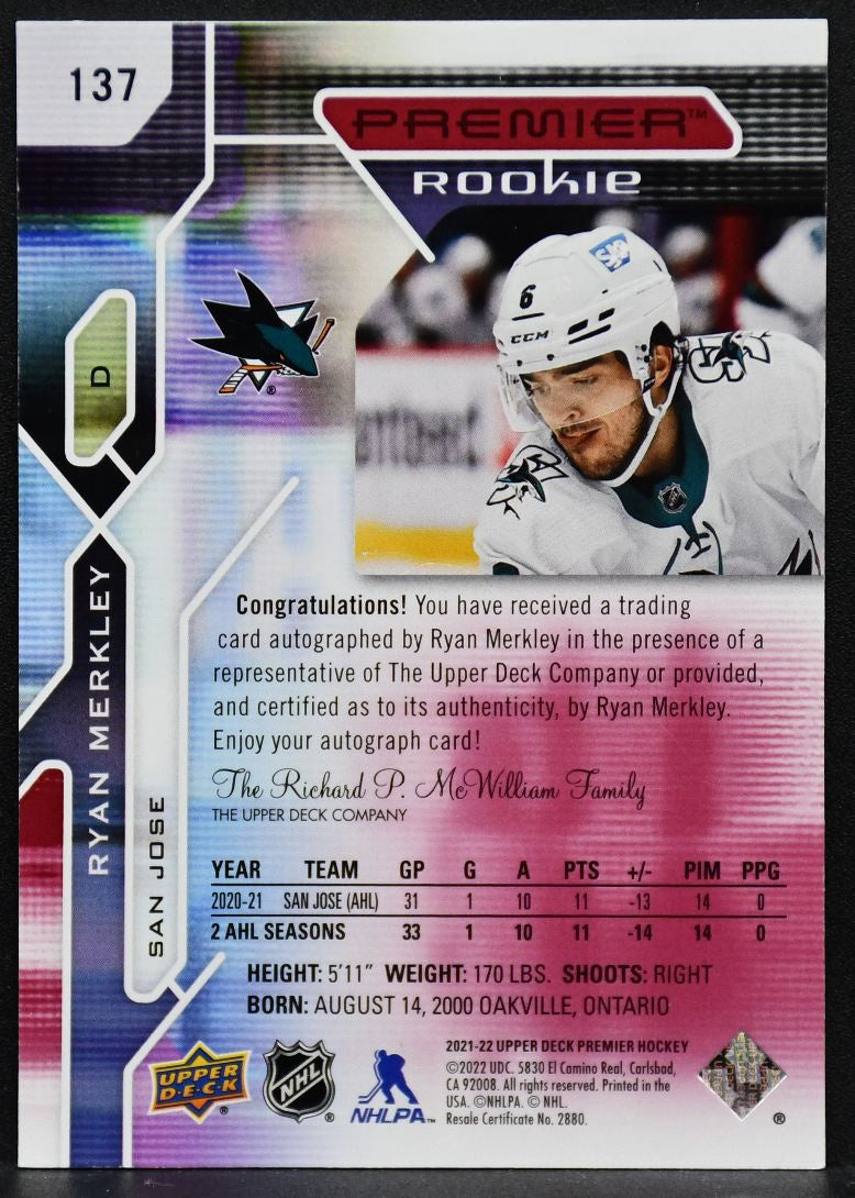 2021-22 UD Premier Autographs Rookie Ryan Merkley 137 San Jose Sharks RC Auto