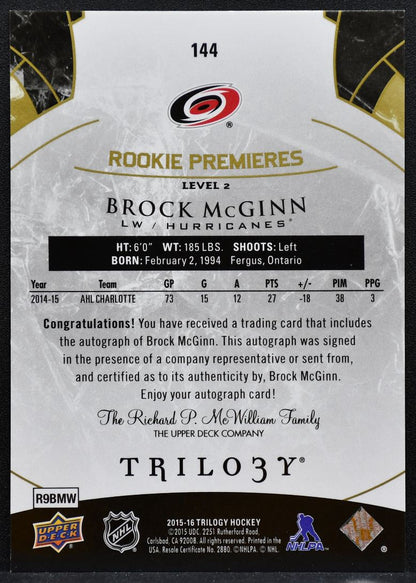 2015-16 UD Trilogy Rookie Premieres Lvl2 Brock McGinn RC Auto 383/499 2510