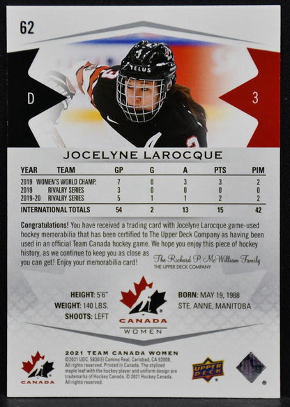 2021-22 UD Team Canada Women Jersey Jocelyne Larocque 62 Canada Jersey