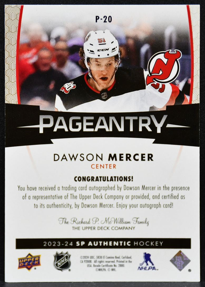 2023-24 SP Authentic Pageantry Red Auto Dawson Mercer P-20 Devils Auto 4500