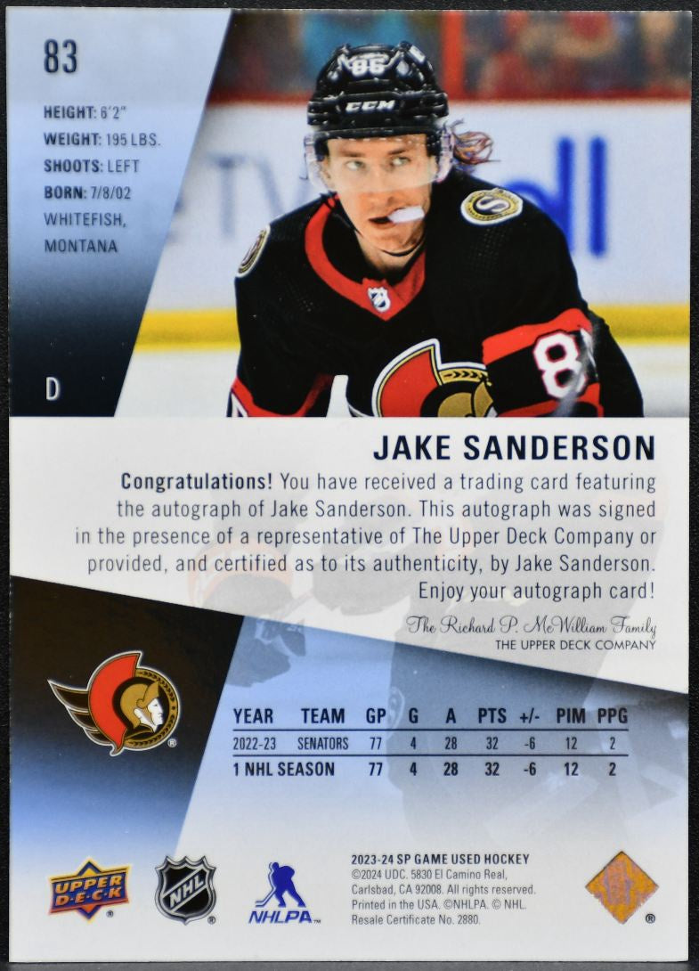 2023-24 SP Game Used Blue Auto Jake Sanderson 83 Ottawa Senators Auto 5172