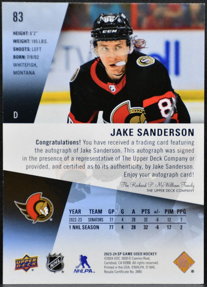 2023-24 SP Game Used Blue Auto Jake Sanderson 83 Ottawa Senators Auto 5172