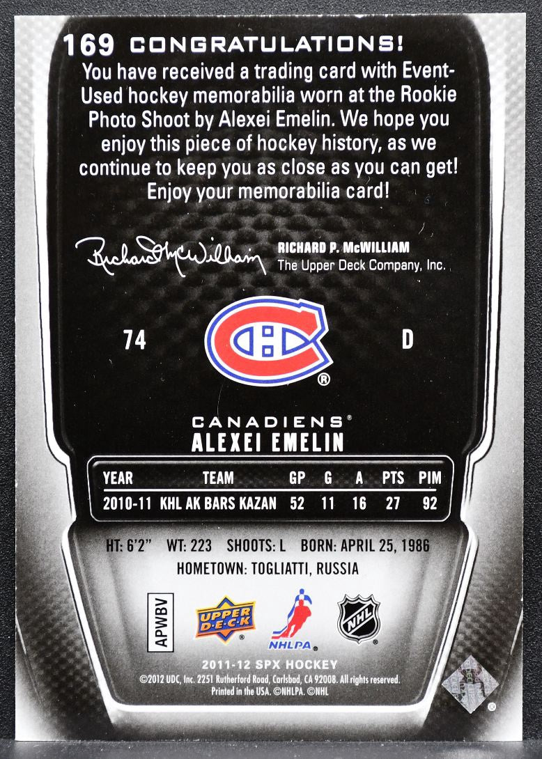 2011-12 SPx Rookie Jersey Alexei Emelin 169 Canadiens RC 021/799 Jersey 3667
