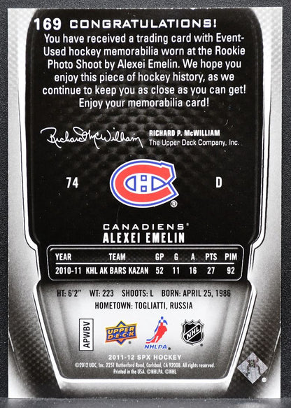 2011-12 SPx Rookie Jersey Alexei Emelin 169 Canadiens RC 021/799 Jersey 3667
