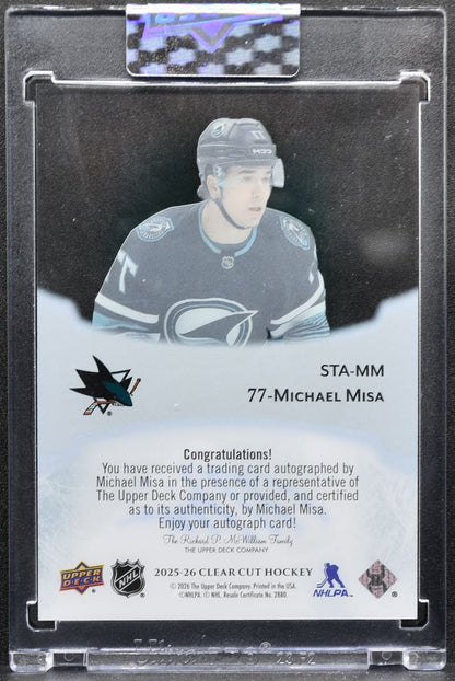 2025-26 Upper Deck Clear Cut Sign of the Times Michael Misa Sharks Auto 7121