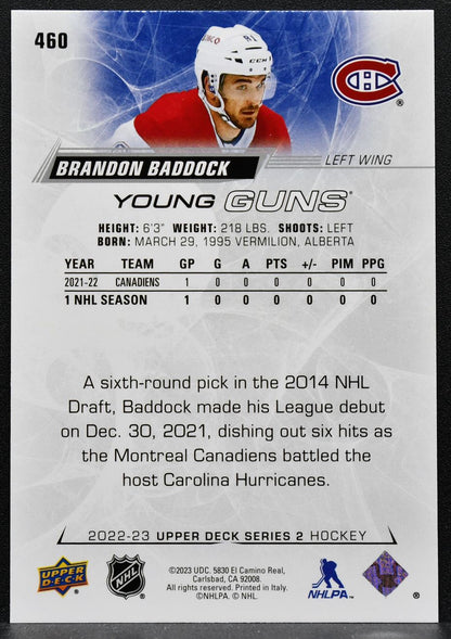 2022-23 Upper Deck Series 2 Young Guns Brandon Baddock 460 Canadiens RC 3833