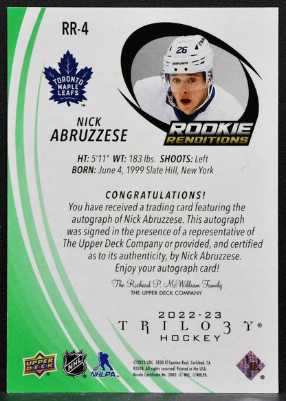 2022-23 UD Trilogy Rookie Renditions Abruzzese Maple Leafs RC Auto 11/99 4038