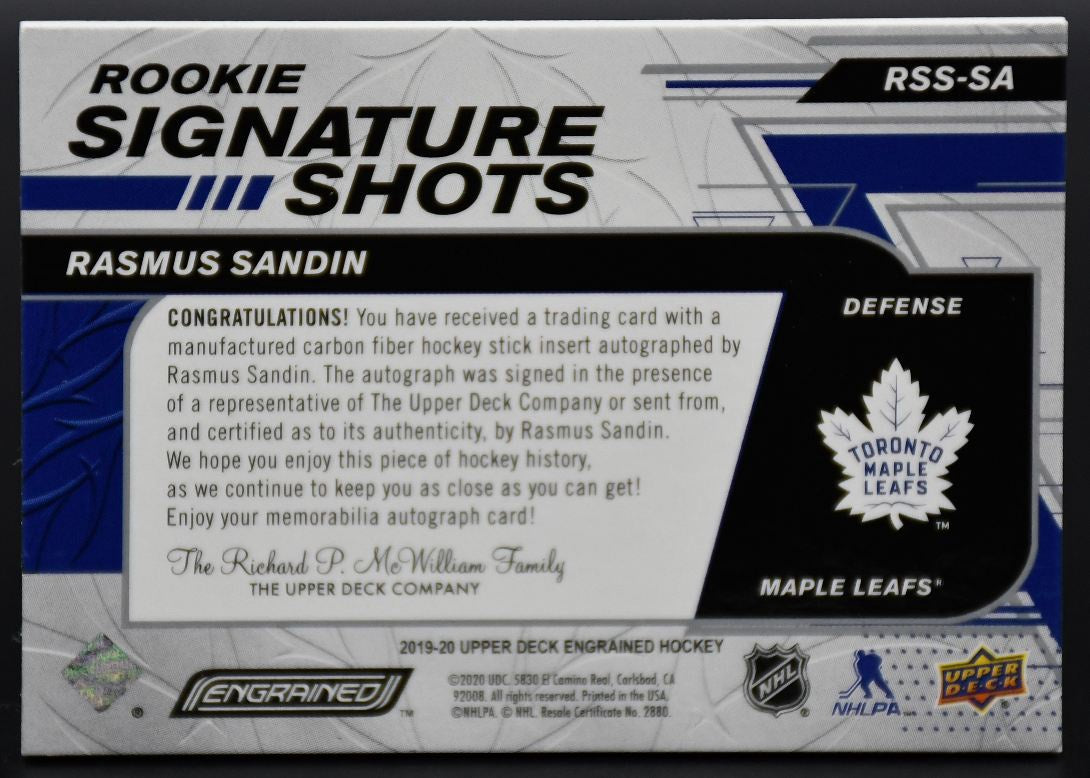 2019-20 UD Engrained Rasmus Sandin RSS-SA Toronto Maple Leafs RC Auto /249 Stick