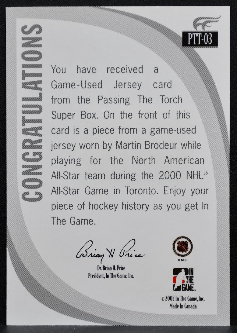 2005-06 In The Game Passing the Torch Memorabilia Martin Brodeur Jersey 0875
