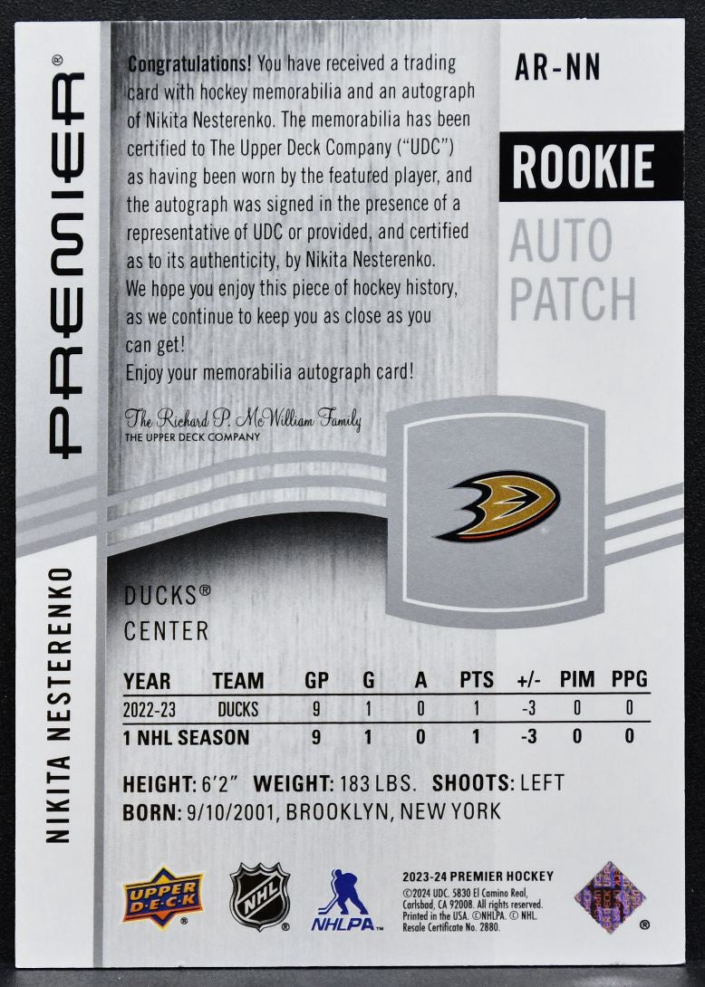 2023-24 UD Premier Acetate Rookies Auto Patch Nesterenko RC Auto Patch 5787