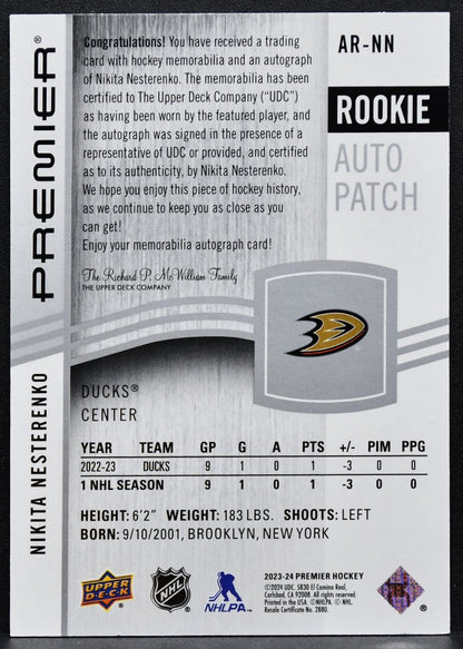 2023-24 UD Premier Acetate Rookies Auto Patch Nesterenko RC Auto Patch 5787