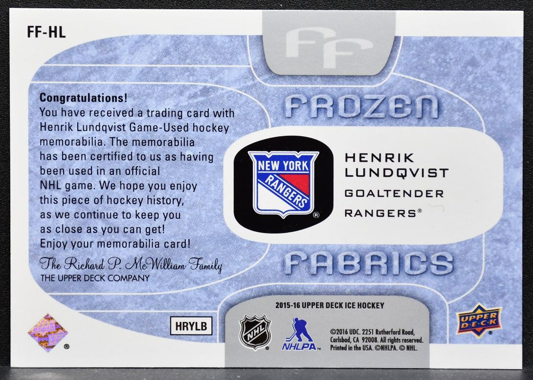 2015-16 Upper Deck Ice Frozen Fabrics Henrik Lundqvist FF-HL Rangers Jersey 8917
