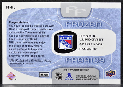 2015-16 Upper Deck Ice Frozen Fabrics Henrik Lundqvist FF-HL Rangers Jersey 8917