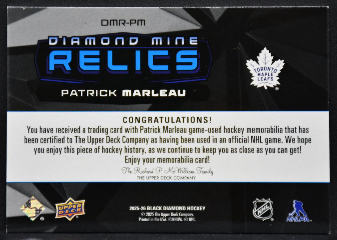 25-26 UD Black Diamond Mine Relics Patrick Marleau DMR-PM Maple Leafs Jersey 2714