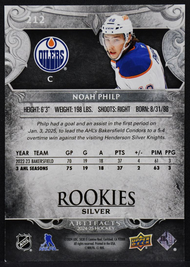 2024-25 UD Artifacts Rookies Silver Noah Philp 212 Edmonton Oilers RC 391/999 2265