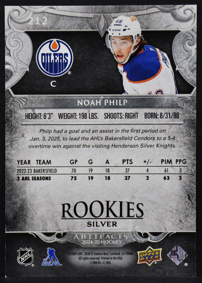 2024-25 UD Artifacts Rookies Silver Noah Philp 212 Edmonton Oilers RC 391/999 2265
