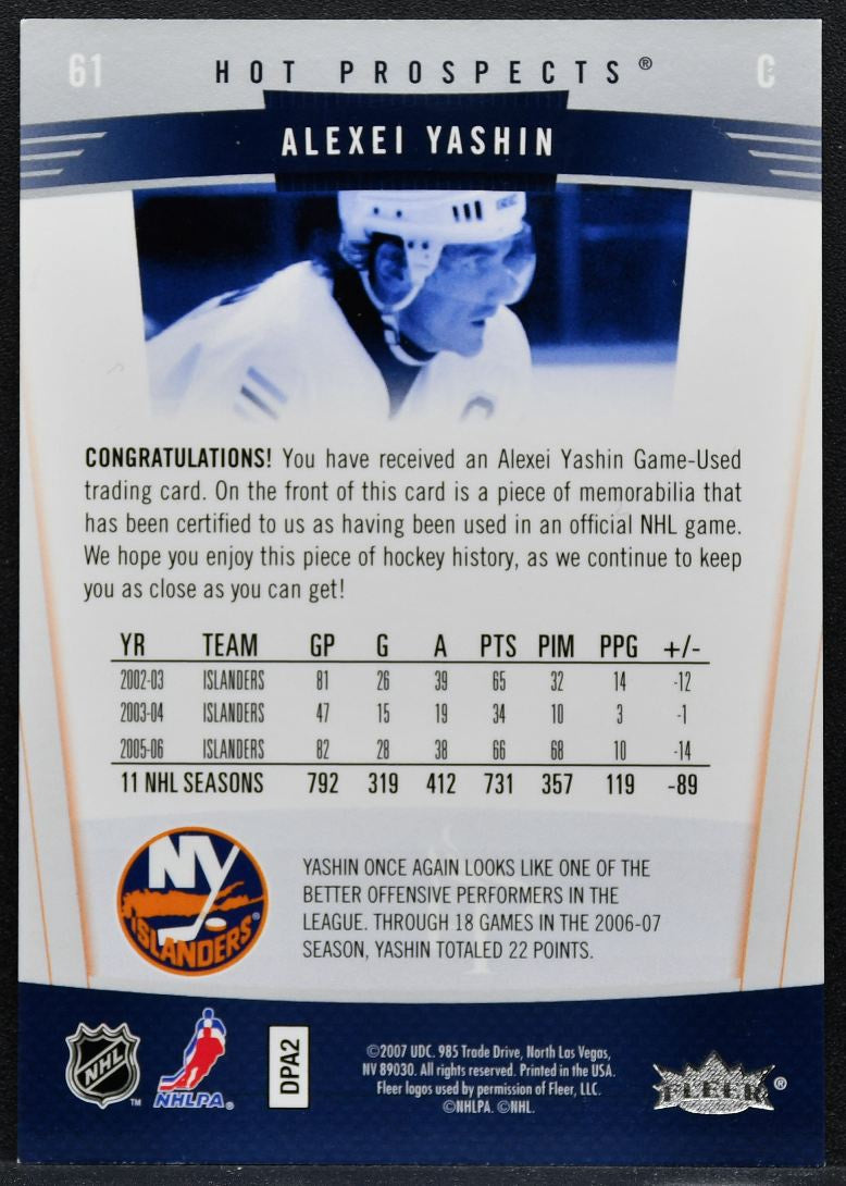 2006-07 Fleer Hot Prospects Jersey Alexei Yashin 61 Islanders Jersey 2570