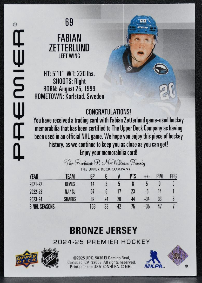 2024-25 Upper Deck Premier Bronze Jersey Fabian Zetterlund 69 Sharks Jersey 6682
