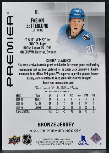 2024-25 Upper Deck Premier Bronze Jersey Fabian Zetterlund 69 Sharks Jersey 6682