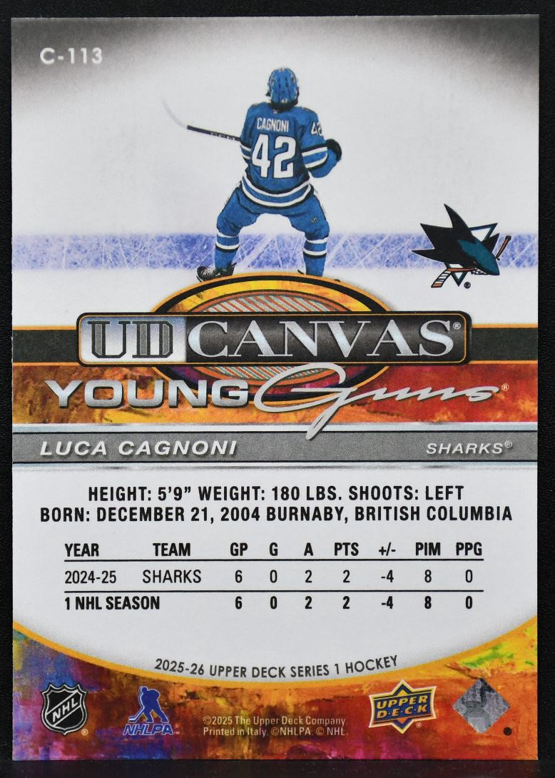 2025-26 UD Series 1 UD Canvas Young Guns Luca Cagnoni C-113 San Jose Sharks RC 1961