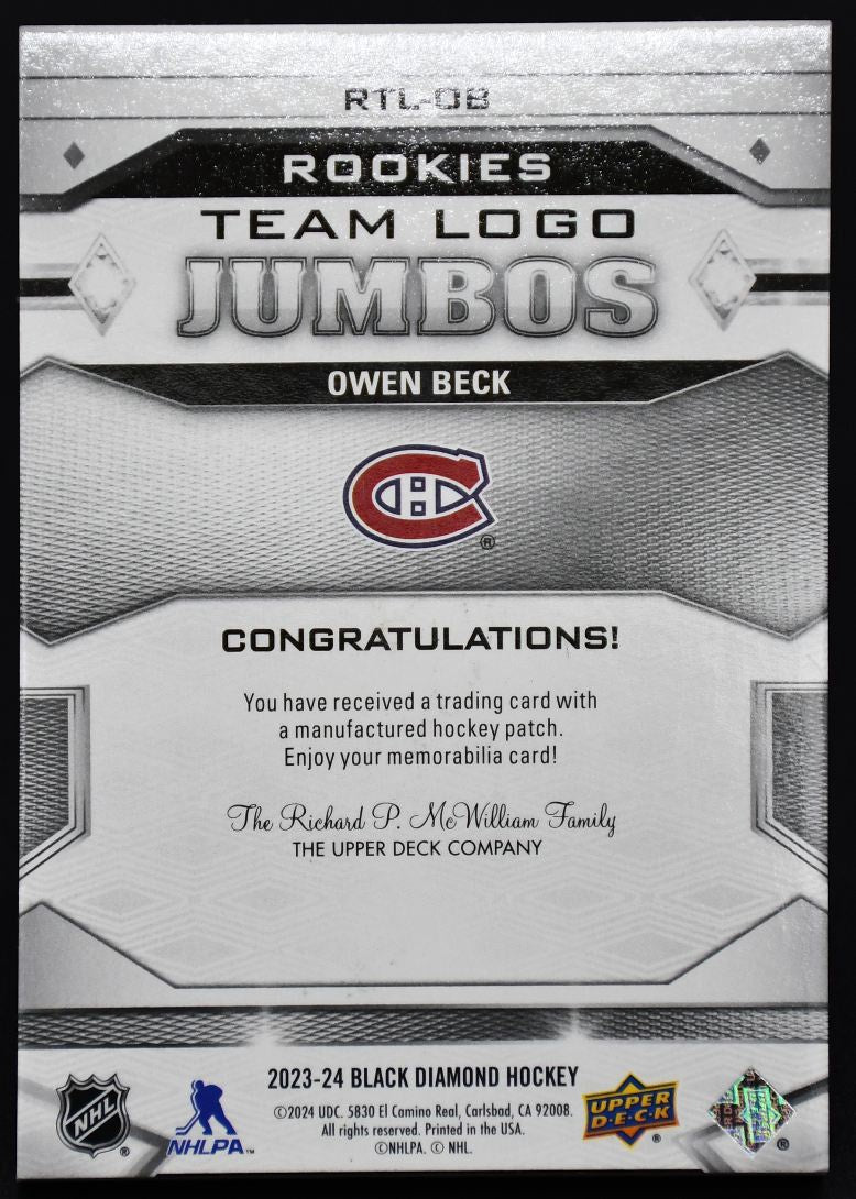 2023-24 UD Black Diamond Rookies Team Logo Jumbos Owen Beck RTL-OB RC Patch #2