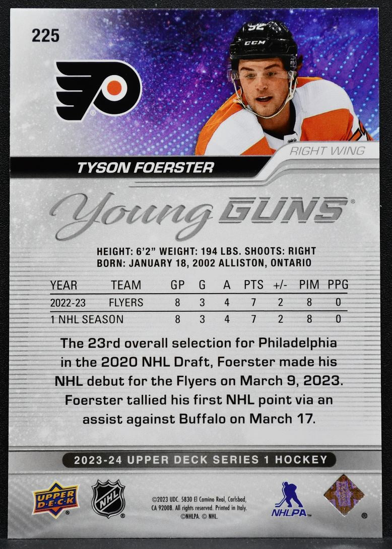 2023-24 Upper Deck Series 1 Young Guns Tyson Foerster 225 Flyers RC 5777