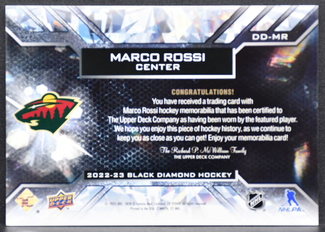 2022-23 UD Black Diamond Debut Relics Marco Rossi DD-MR Minnesota Wild RC Jersey 3179