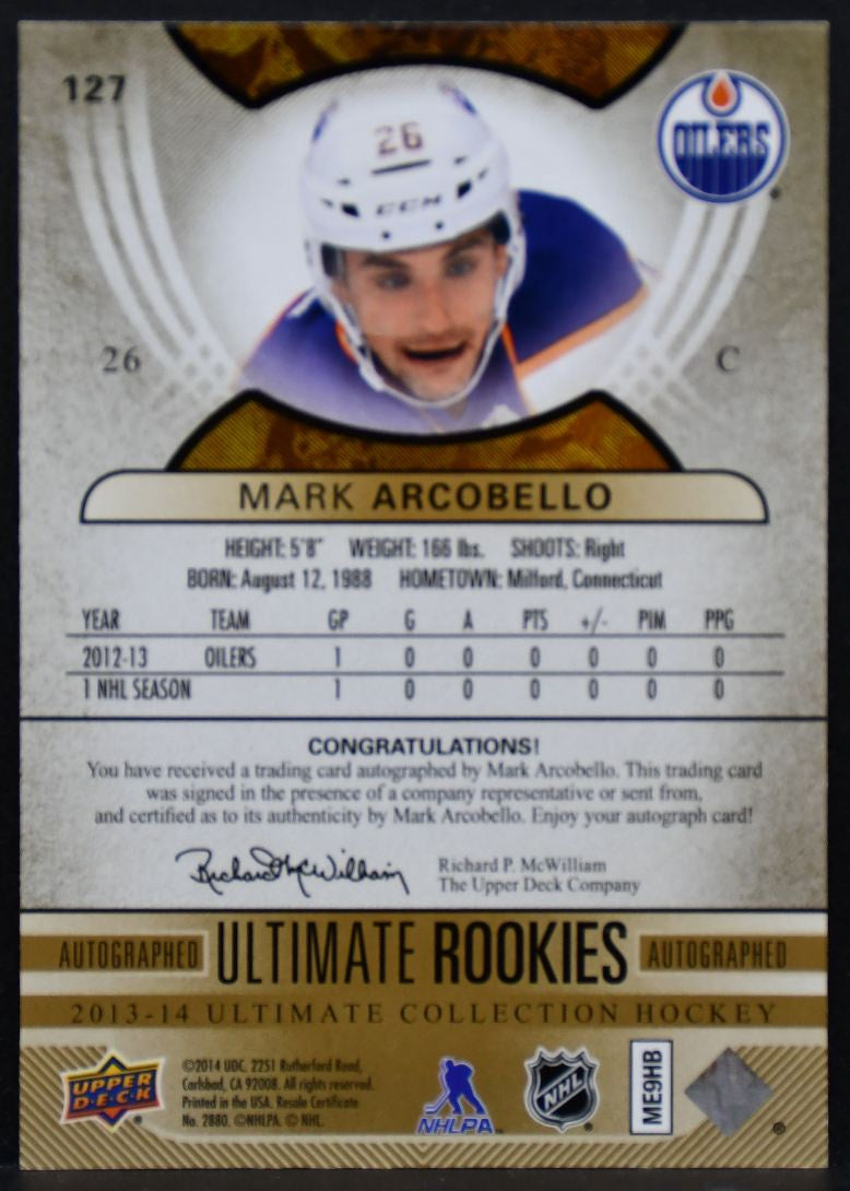 2013-14 UD Ultimate Collection RC Mark Arcobello 127 Oilers RC Auto 126/399 1929
