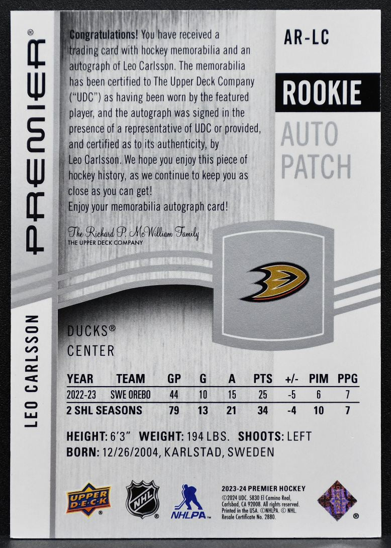 2023-24 UD Premier Acetate Rookie Auto Patch Carlsson Ducks RC Auto Patch 6026