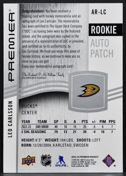 2023-24 UD Premier Acetate Rookie Auto Patch Carlsson Ducks RC Auto Patch 6026