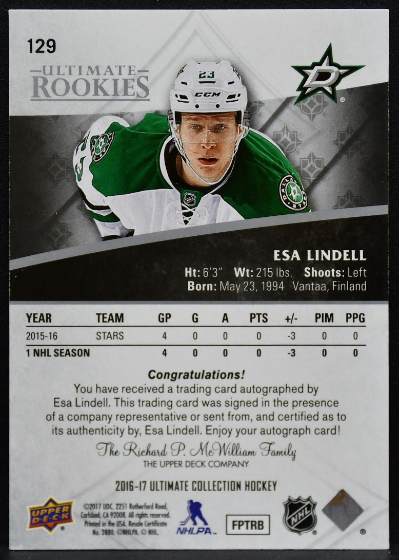 2016-17 UD Ultimate Collection RC Esa Lindell 129 Stars RC Auto 286/299  5620