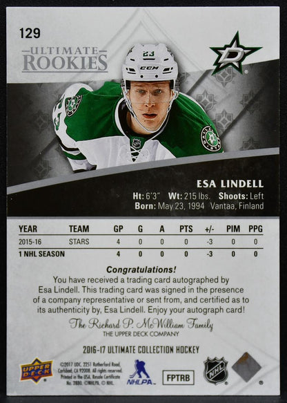 2016-17 UD Ultimate Collection RC Esa Lindell 129 Stars RC Auto 286/299  5620