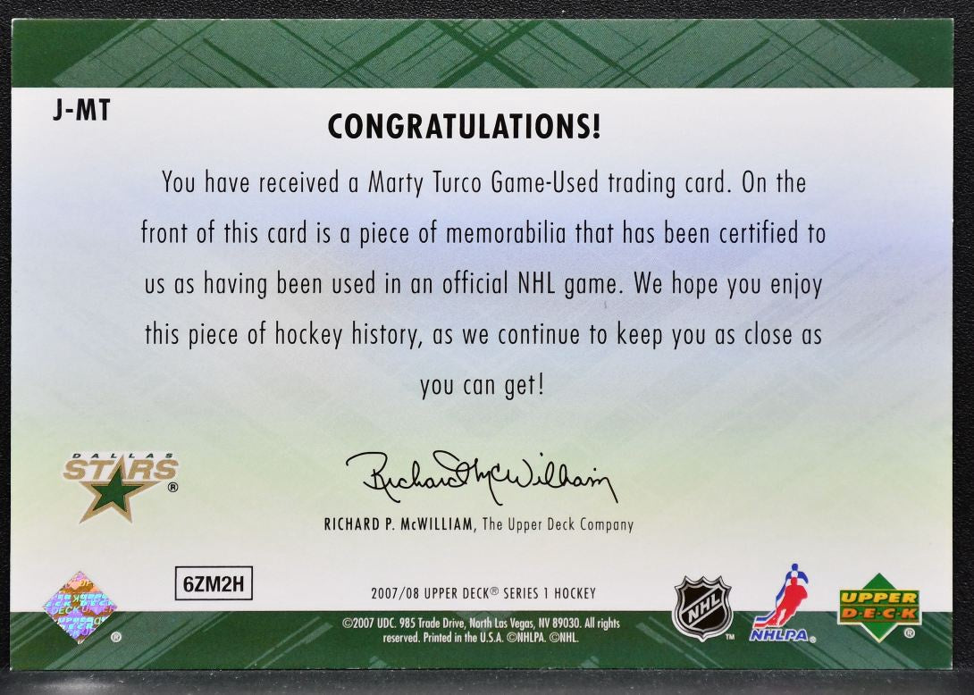 2007-08 UD Series 1 Game Jerseys Marty Turco J-MT Dallas Stars Jersey 2981
