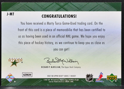 2007-08 UD Series 1 Game Jerseys Marty Turco J-MT Dallas Stars Jersey 2981
