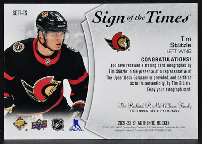 2021-22 SP Authentic Sign of the Times Tim Stutzle SOTT-TS Ottawa Senators Auto 5747