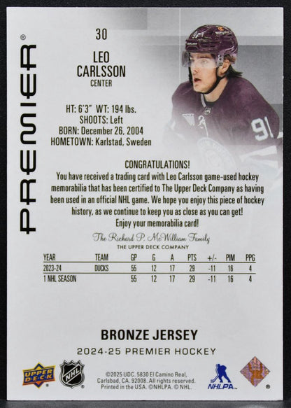2024-25 Upper Deck Premier Jersey Bronze Leo Carlsson 30 Ducks Jersey 3424