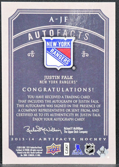 2013-14 UD Artifacts Autofacts Justin Falk A-JF Minnesota Wild Auto