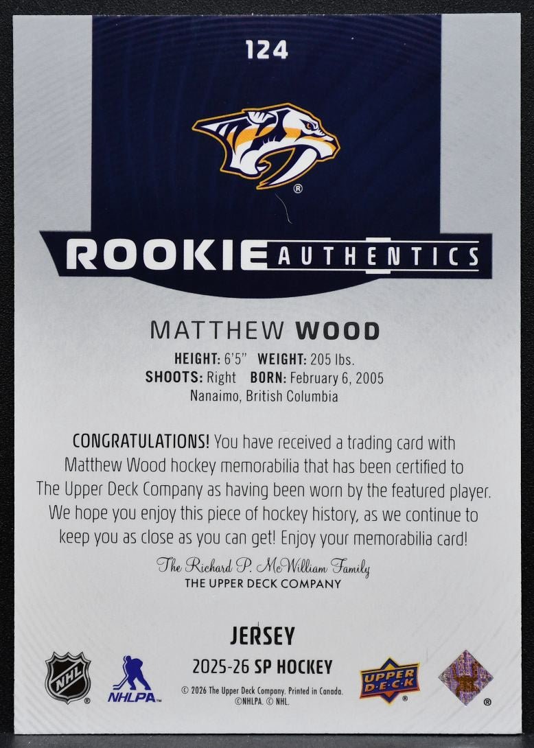 2025-26 SP Rookie Authentic Jersey Matthew Wood 124 Predators RC Jersey 6132