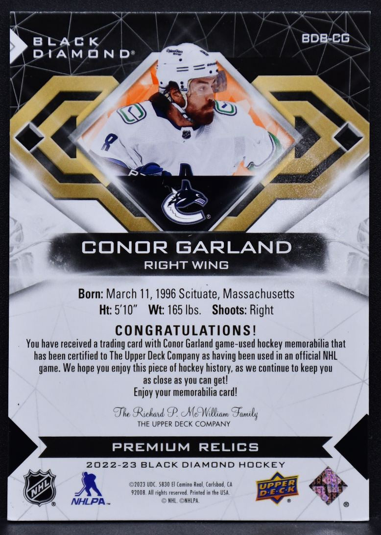 2022-23 UD Black Diamond Pure Black Premium Relics Conor Garland BDB-CG 25 Patch