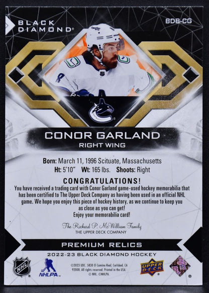 2022-23 UD Black Diamond Pure Black Premium Relics Conor Garland BDB-CG 25 Patch
