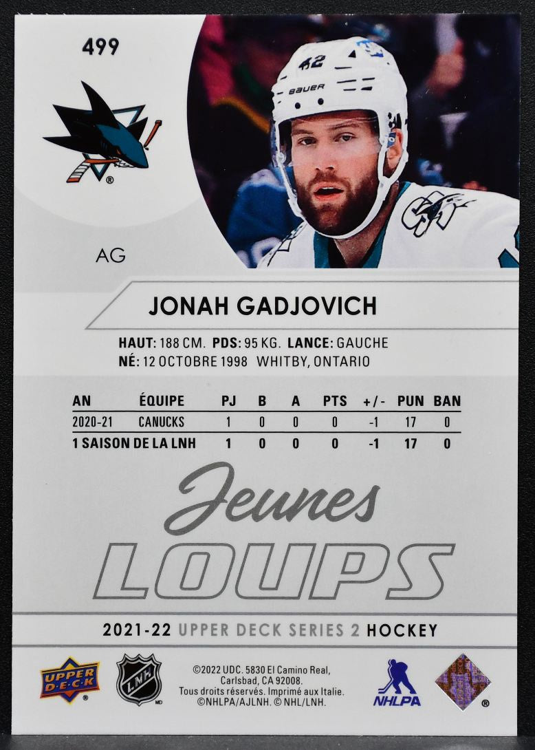 2021-22 UD Series 2 Young Guns Variante Francaise Jonah Gadjovich Sharks RC 2614