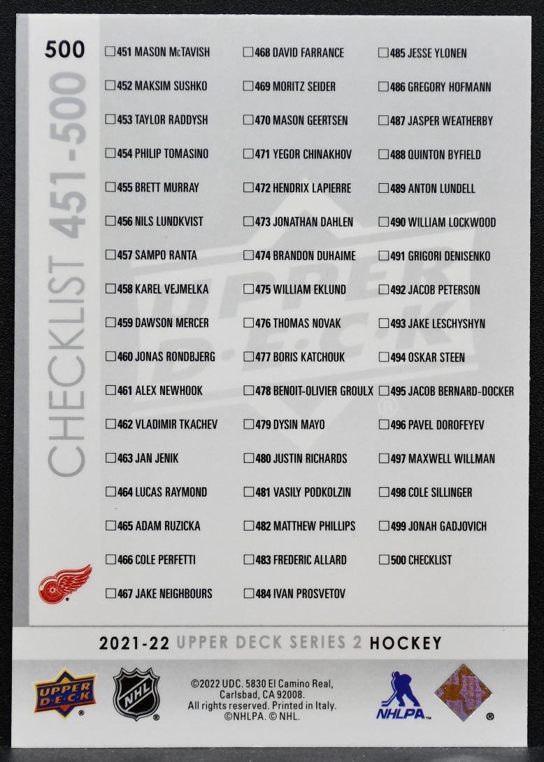 2021-22 UD Series 2 Young Guns Checklist Seider / Raymond Red Wings RC 2621